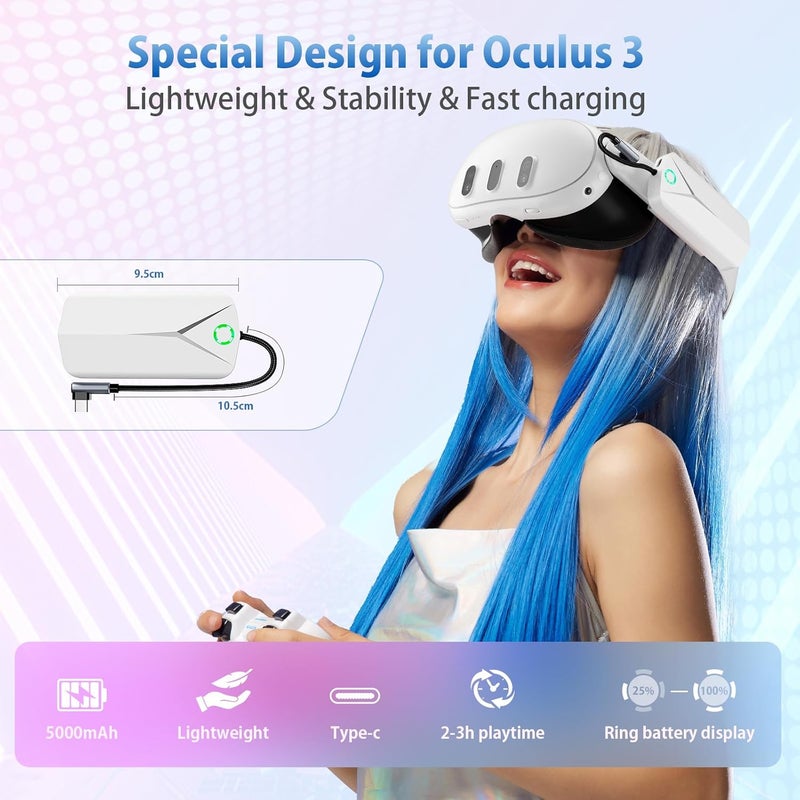moolechi حزمة بطارية لجهاز Oculus Quest 3 و 2، ملحقات لجهاز Meta Quest 2/3، شاحن بطارية ممتد بسعة 5000mAh متوافق مع حزام Oculus Quest 2/3 الأصلي وحزام Elite، ملحقات VR خفيفة الوزن - Image 3